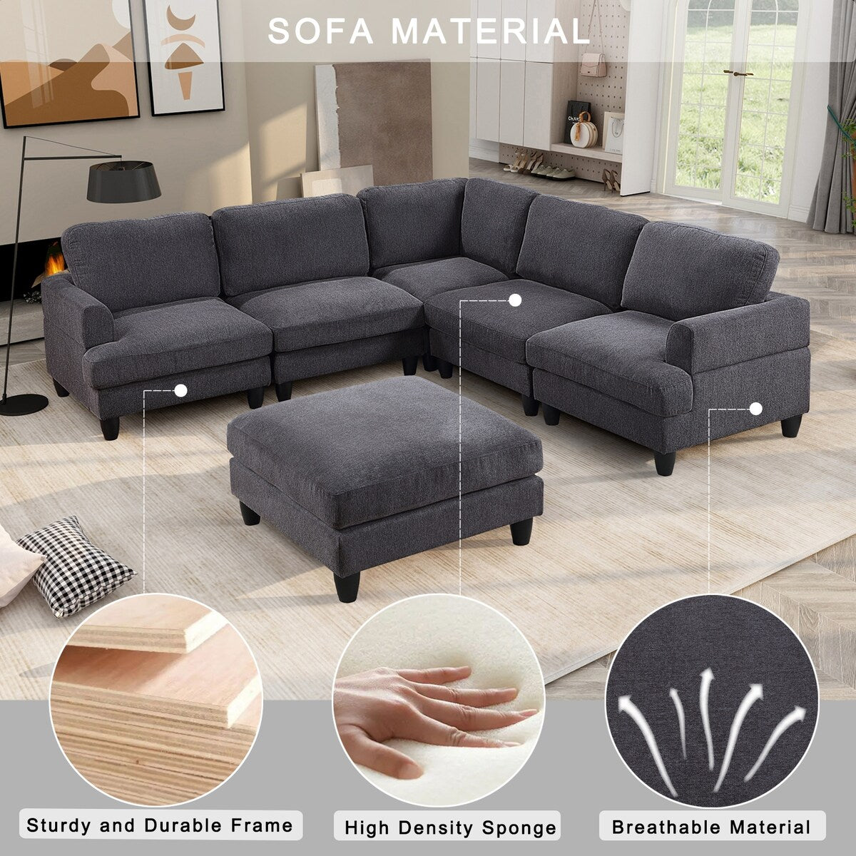 Modular Sofa, Sectional Couch U Shaped Sofa Couch with Ottoman, 6 Seat Chenille Corner Sofa for Living Room