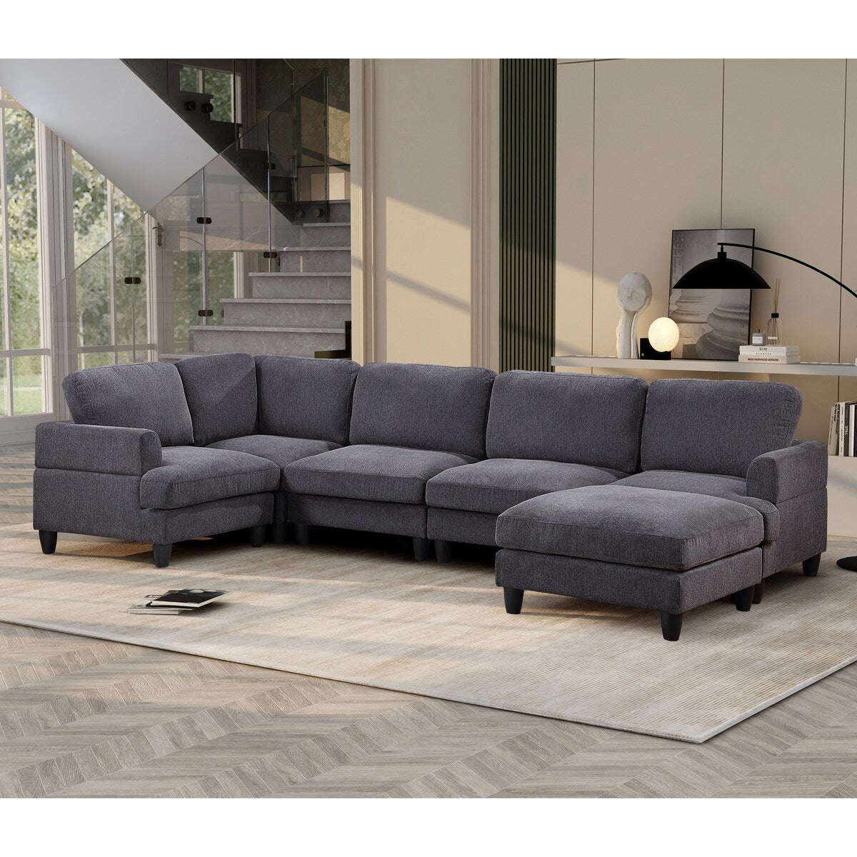 Modular Sofa, Sectional Couch U Shaped Sofa Couch with Ottoman, 6 Seat Chenille Corner Sofa for Living Room