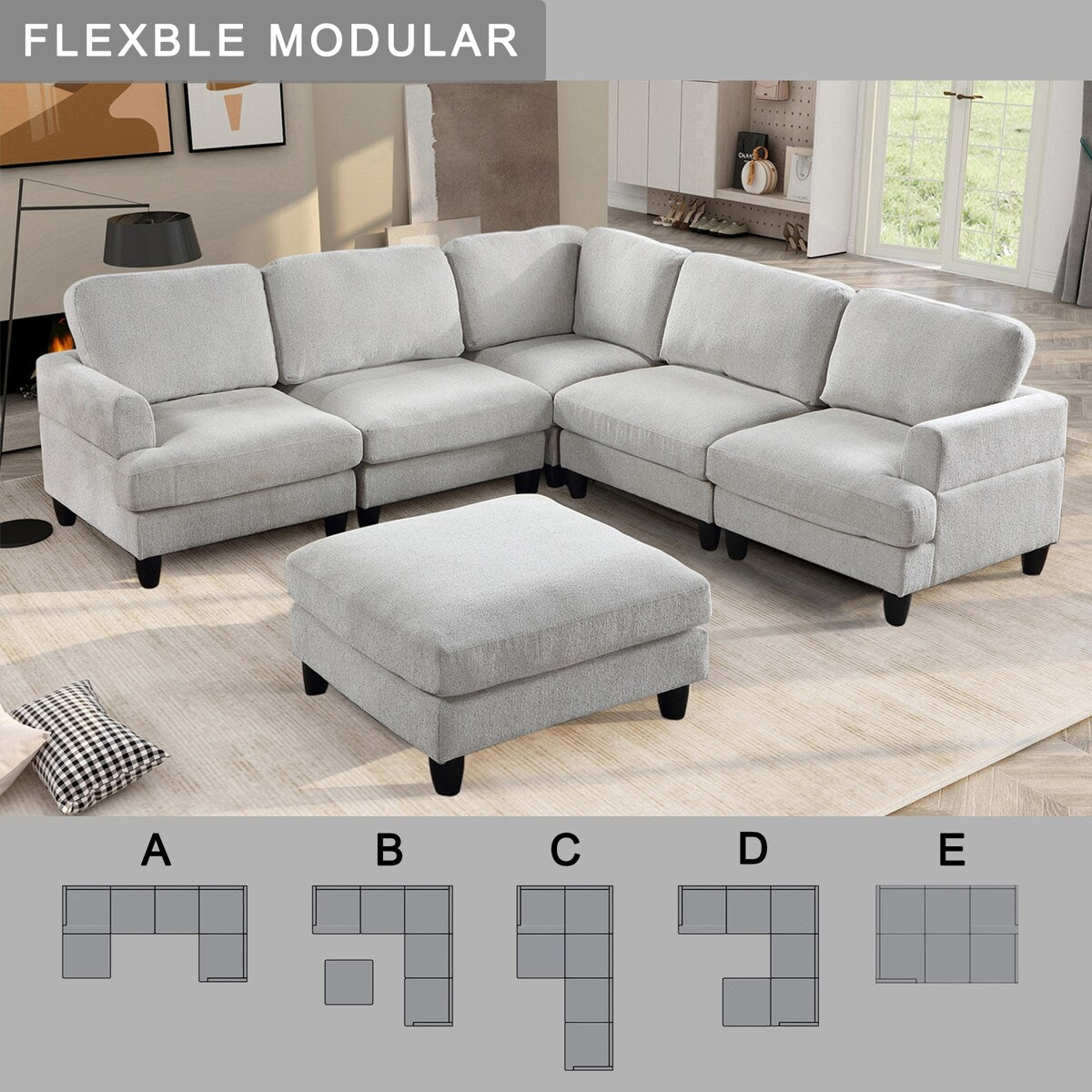 Modular Sofa, Sectional Couch U Shaped Sofa Couch with Ottoman, 6 Seat Chenille Corner Sofa for Living Room