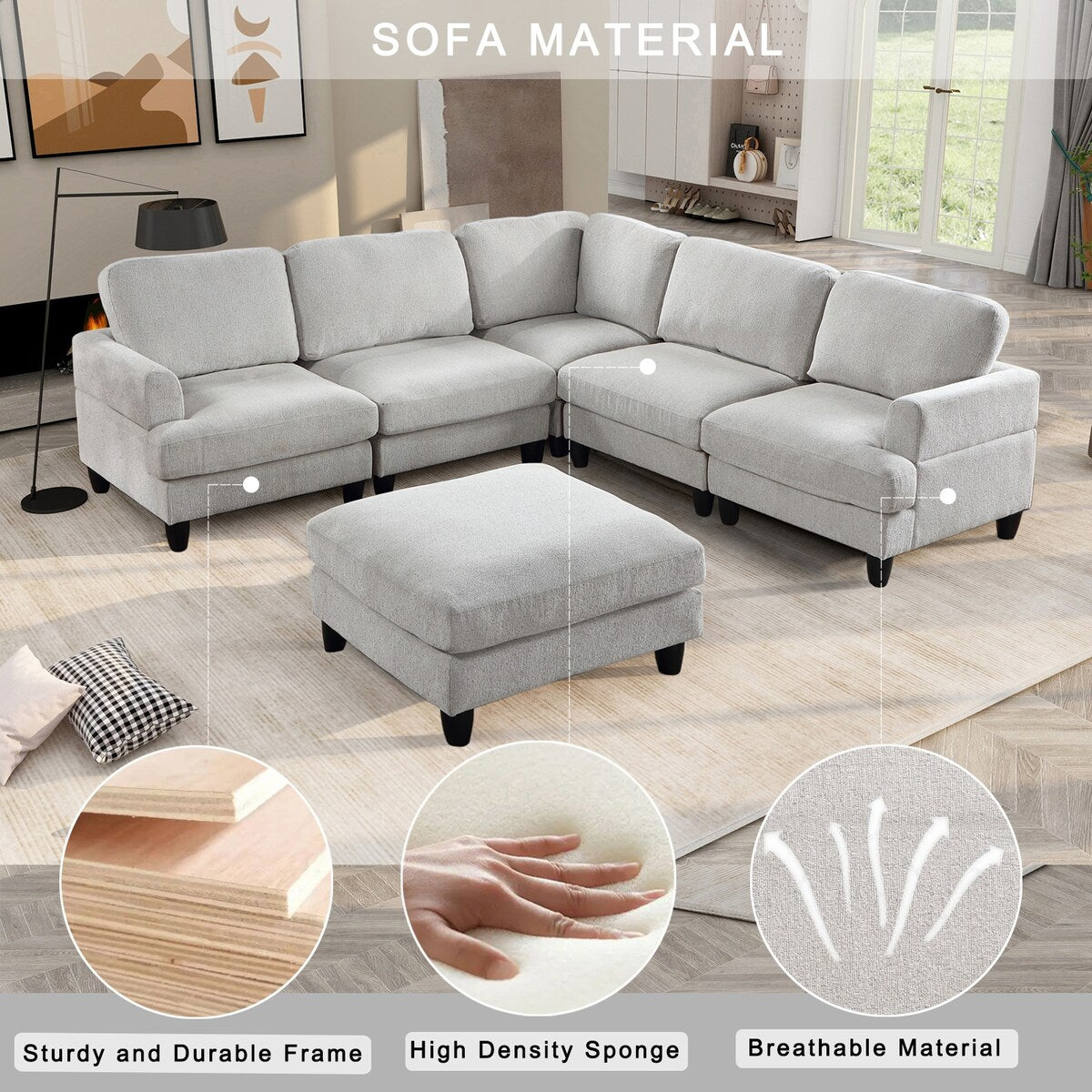 Modular Sofa, Sectional Couch U Shaped Sofa Couch with Ottoman, 6 Seat Chenille Corner Sofa for Living Room
