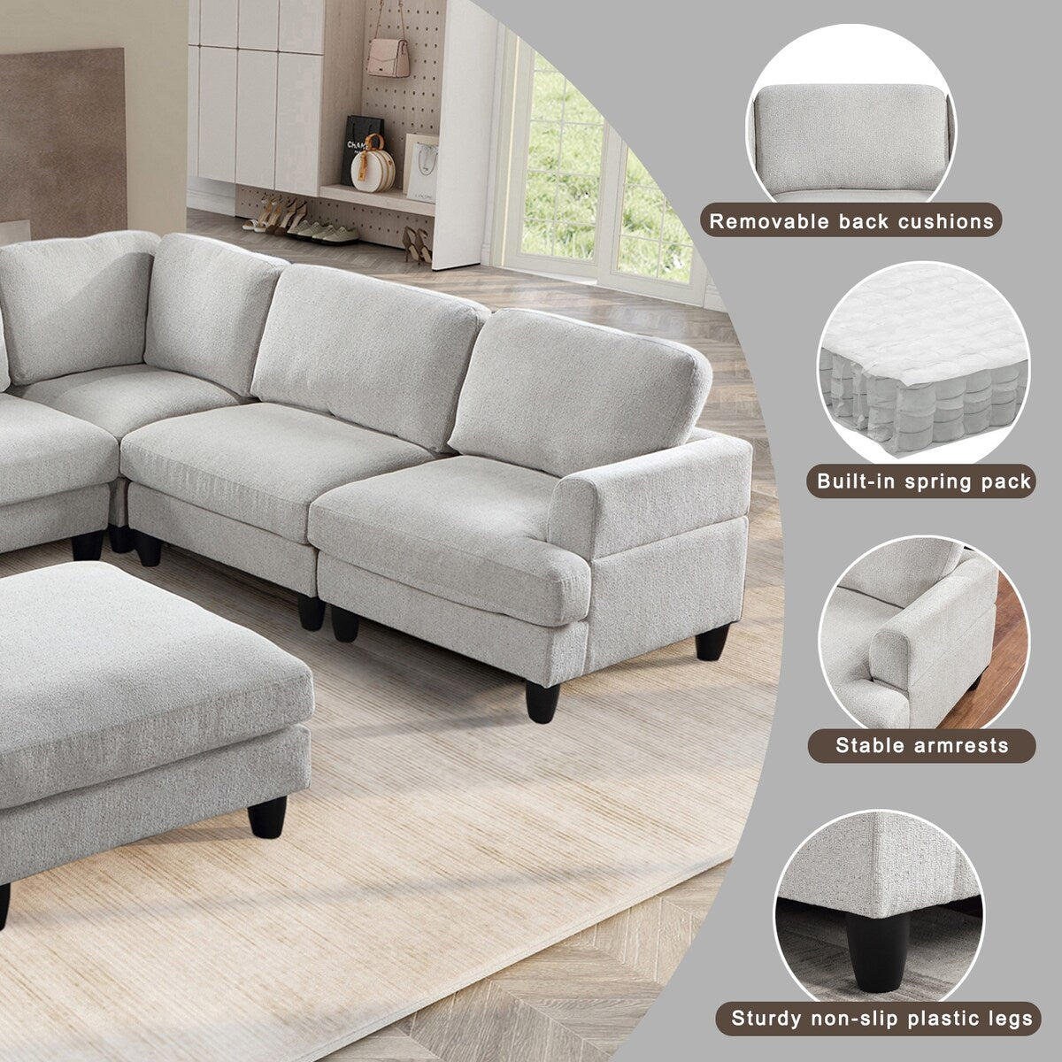 Modular Sofa, Sectional Couch U Shaped Sofa Couch with Ottoman, 6 Seat Chenille Corner Sofa for Living Room