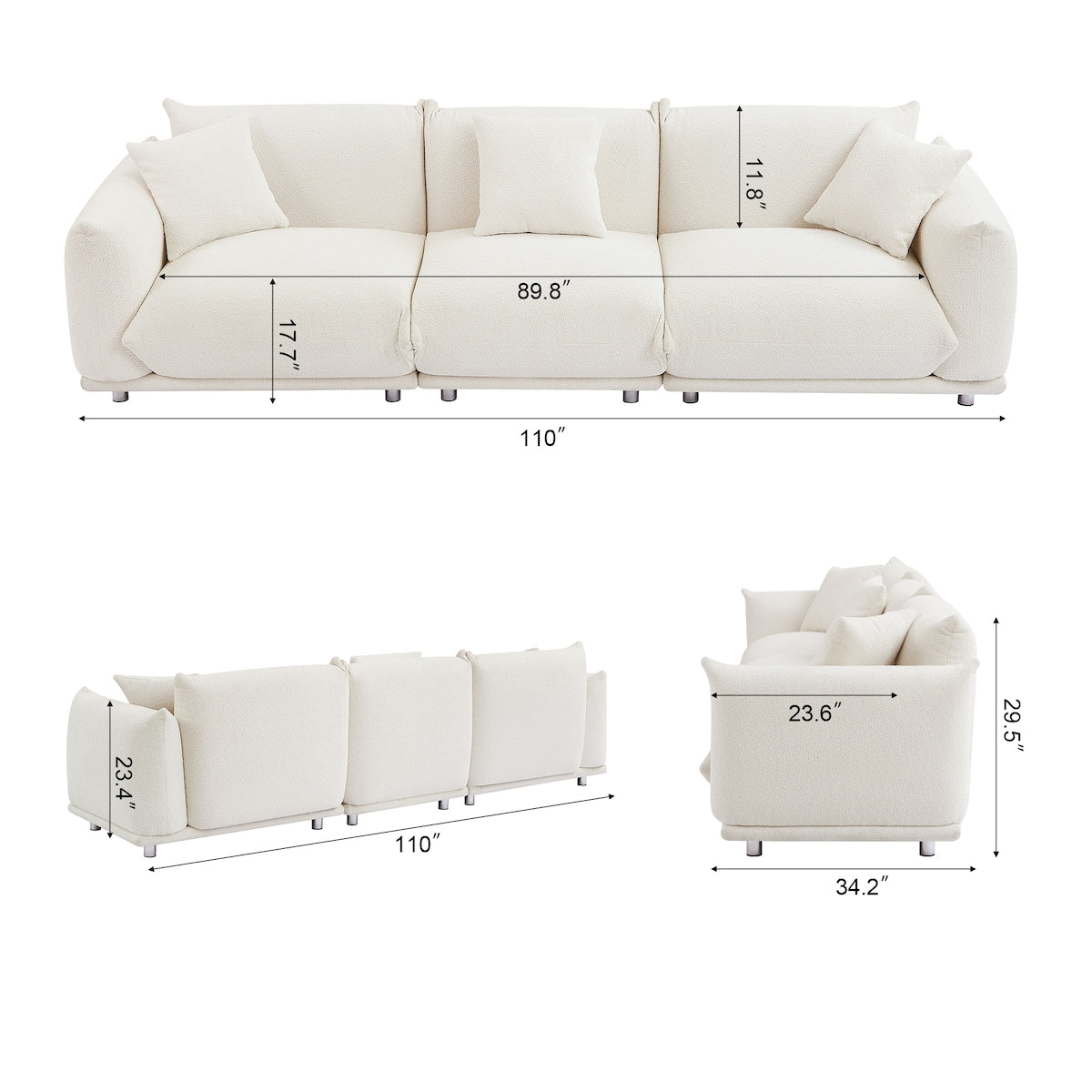 Modular Version Design 4 Seater Sofa Couch With Metal Legs And Solid Wood Frame And 3 Pillows