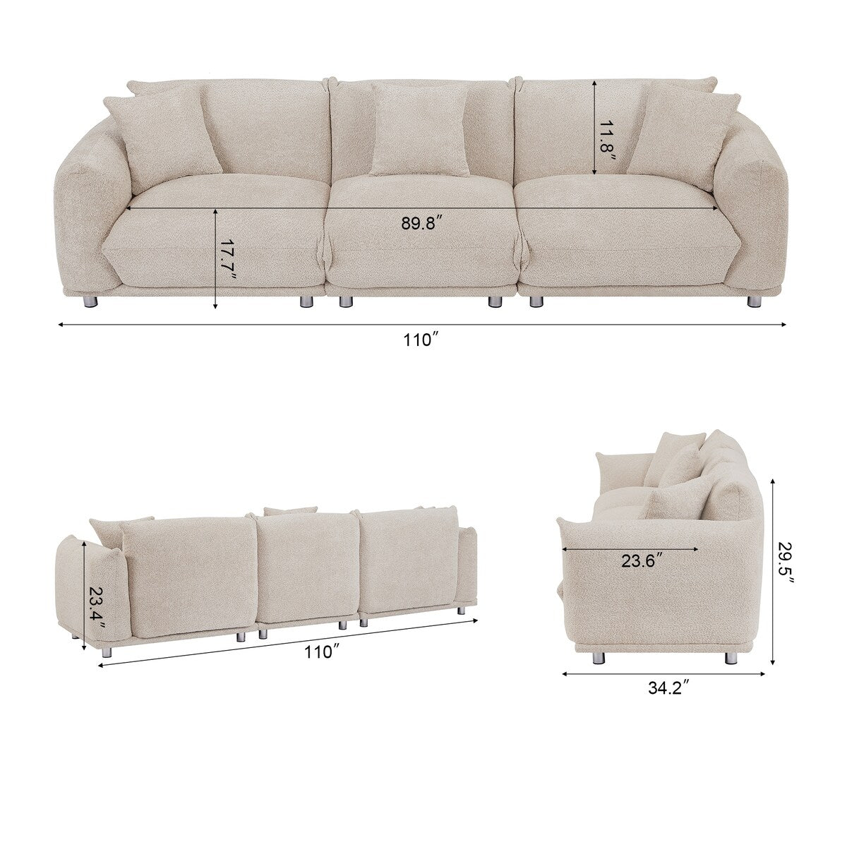 Modular Version Design 4 Seater Sofa Couch With Metal Legs And Solid Wood Frame And 3 Pillows