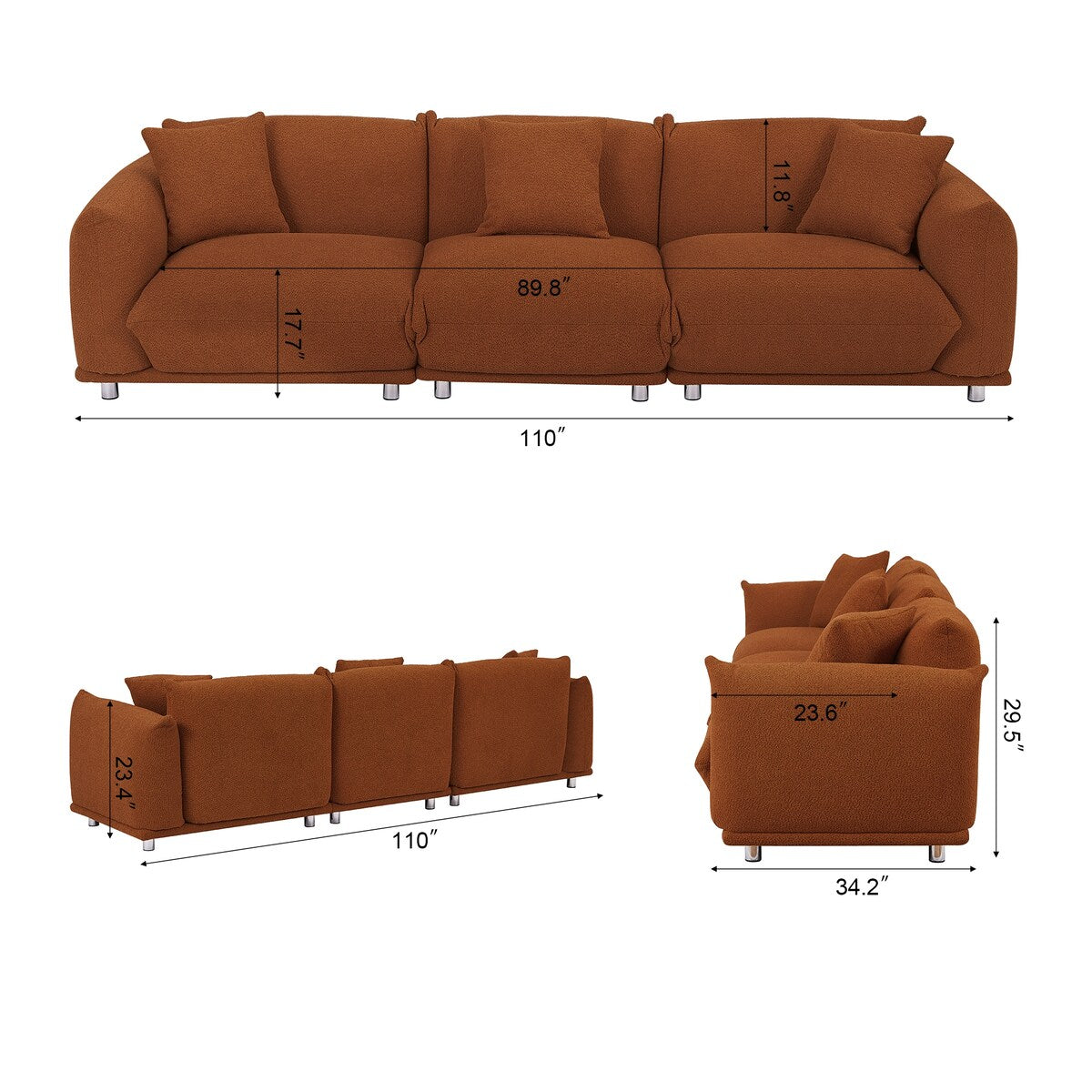 Modular Version Design 4 Seater Sofa Couch With Metal Legs And Solid Wood Frame And 3 Pillows