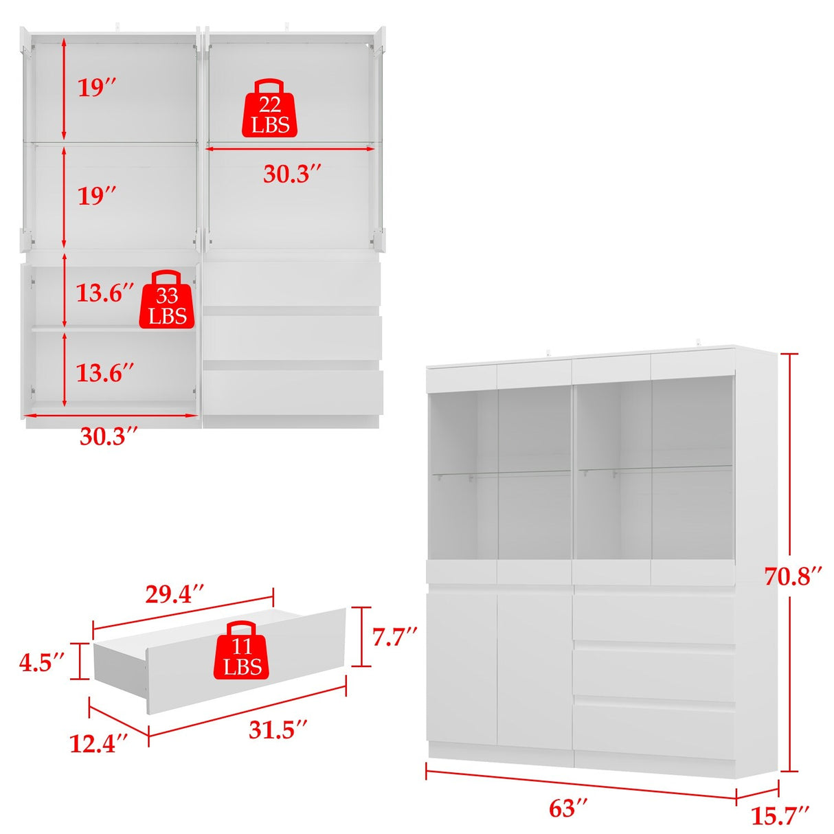 Modular glass display cabinets, storage Cabinets with 3-colors lights