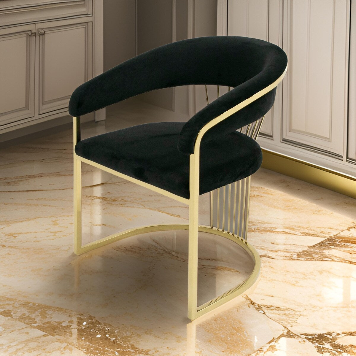 Moha 24 Inch Dining Chair, Round Cantilever Base, Black Velvet, Gold Finish