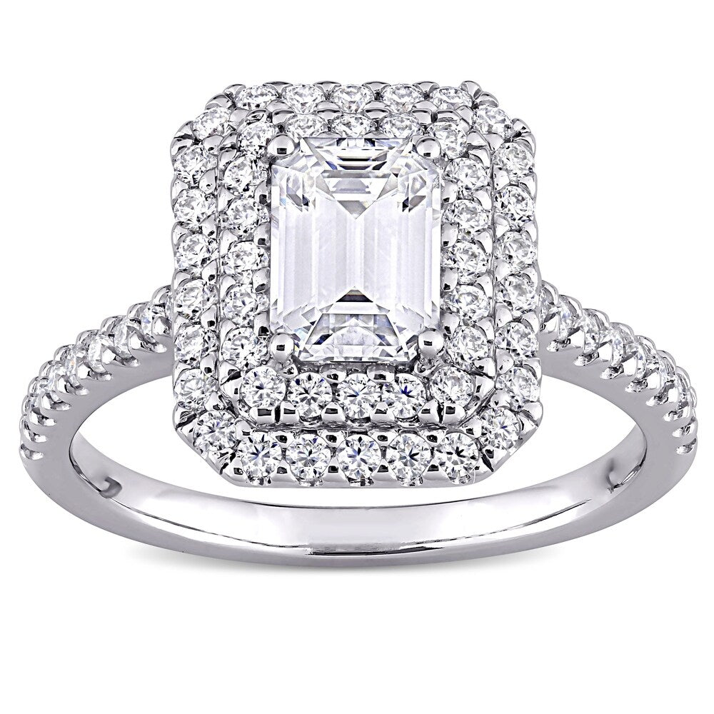 Miadora 1 5/8ct DEW Emerald-cut Moissanite Double Halo Engagement Ring in 10k White Gold