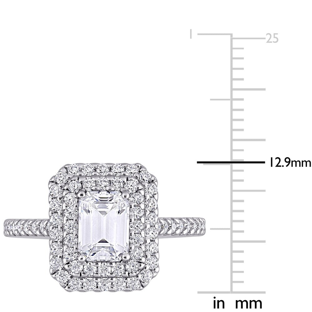 Miadora 1 5/8ct DEW Emerald-cut Moissanite Double Halo Engagement Ring in 10k White Gold