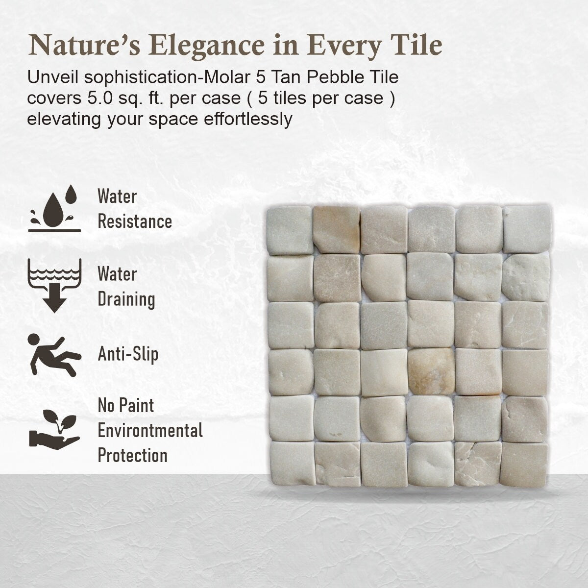 Molar 5 Tan Pebble Mosaic, Backsplash Tiles for Kitchen Walls, Shower and Bathroom Floors (12" X 12") 5 tiles per case