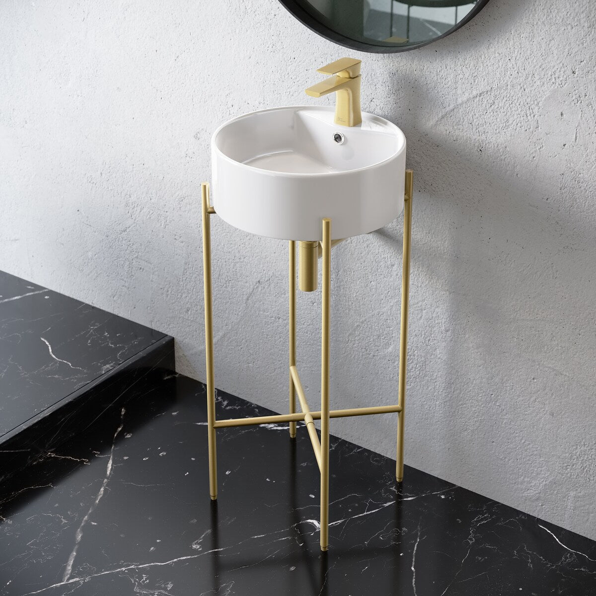 Monaco 15.75" Round Console Sink With Faucet Mount, White Basin Brushed Gold Legs - 15.75" x 15.75" x 5.51"
