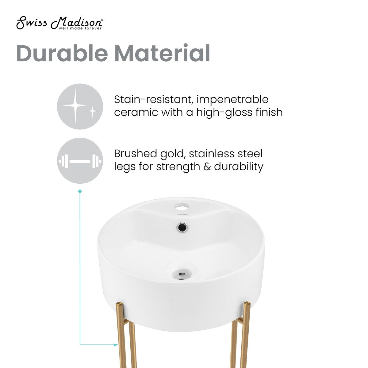 Monaco 15.75" Round Console Sink With Faucet Mount, White Basin Brushed Gold Legs - 15.75" x 15.75" x 5.51"