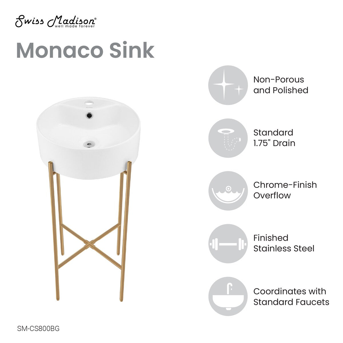 Monaco 15.75" Round Console Sink With Faucet Mount, White Basin Brushed Gold Legs - 15.75" x 15.75" x 5.51"