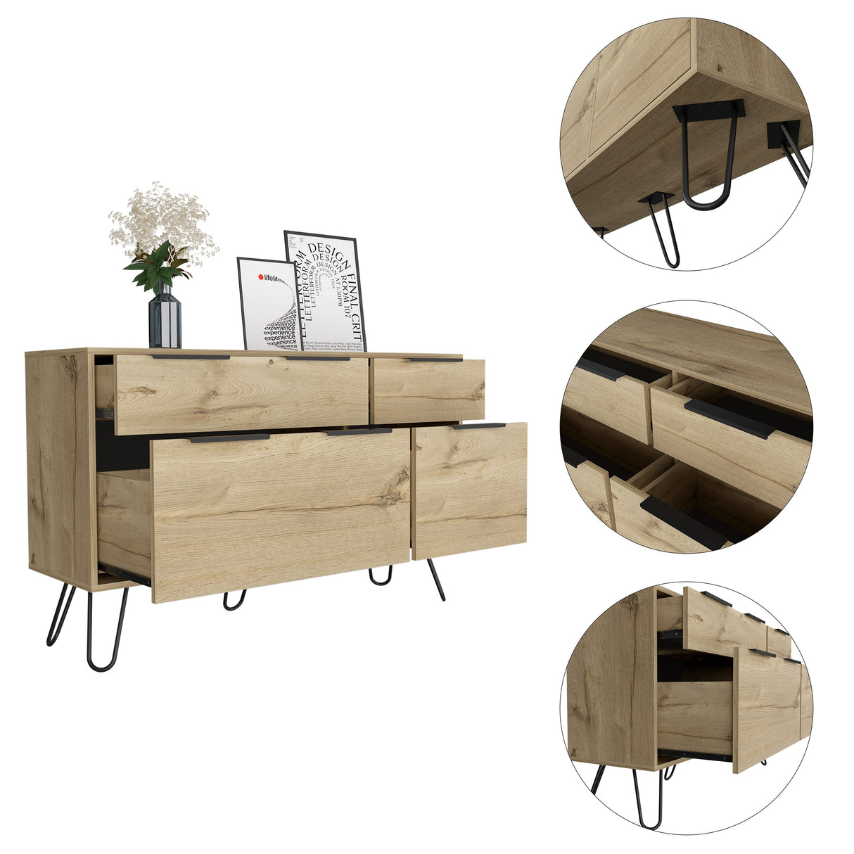 FM Furniture Monaco Double Dresser with 4 Drawers, Superior Top, and Hairpin Legs