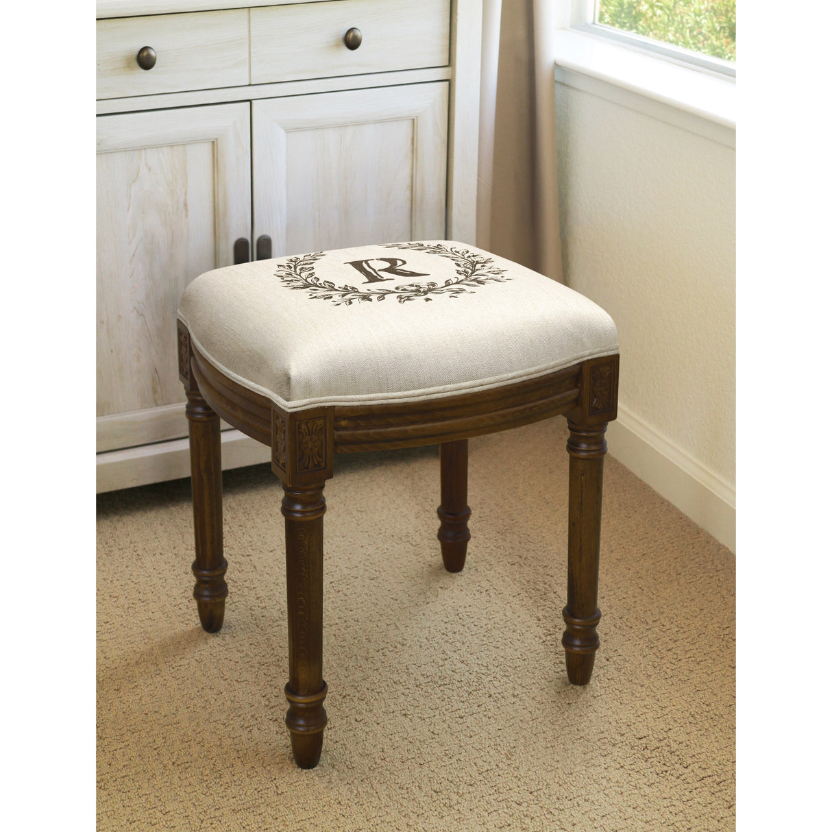 Monogram Victorian Traditional Linen/Wood Vanity Stool