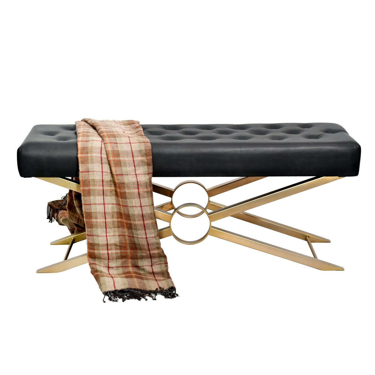 Montague Black Leather Tufted Bench - W 15 x L 48 x H 19