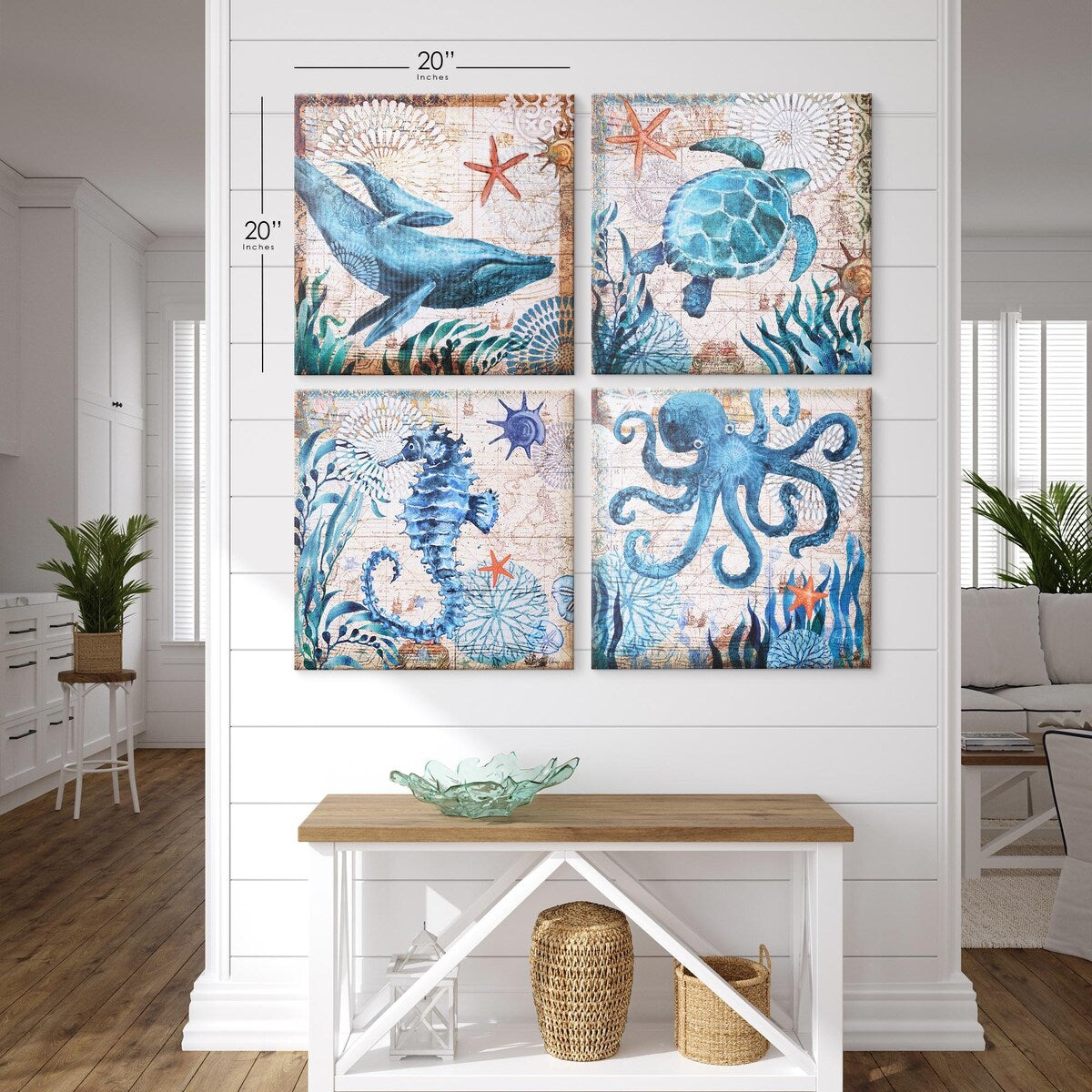 Monterey Bay Nautical Ocean Vintage Canvas Wall Art Print, 4 Piece Set