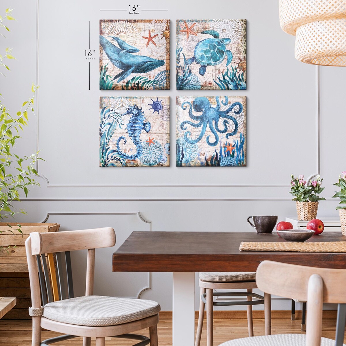Monterey Bay Nautical Ocean Vintage Canvas Wall Art Print, 4 Piece Set