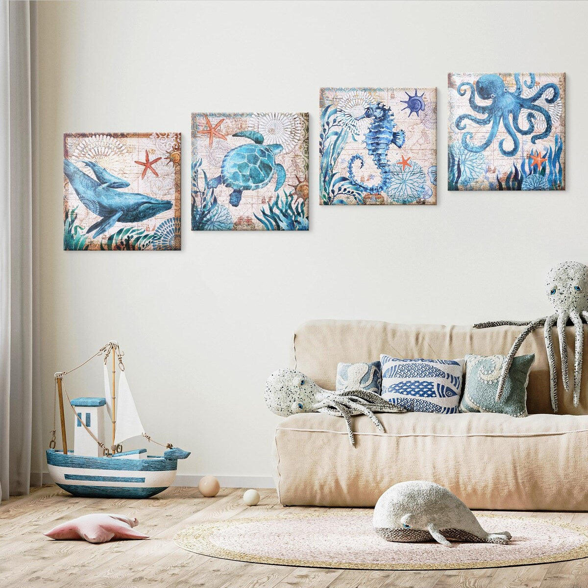 Monterey Bay Nautical Ocean Vintage Canvas Wall Art Print, 4 Piece Set