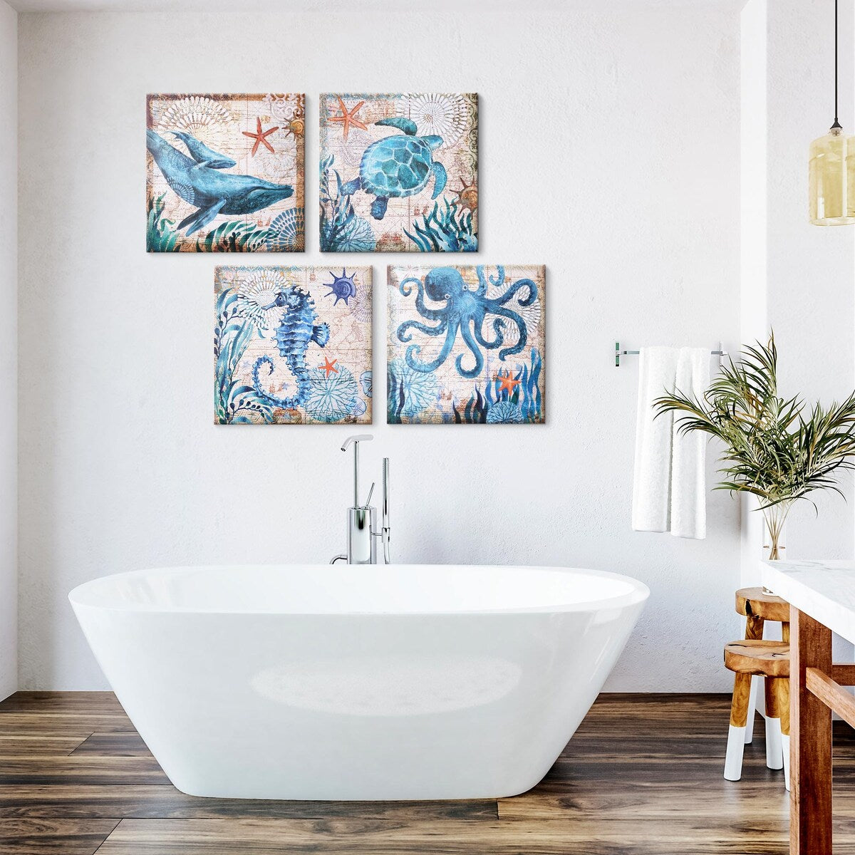 Monterey Bay Nautical Ocean Vintage Canvas Wall Art Print, 4 Piece Set
