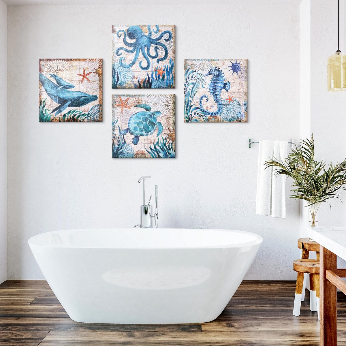 Monterey Bay Nautical Ocean Vintage Canvas Wall Art Print, 4 Piece Set