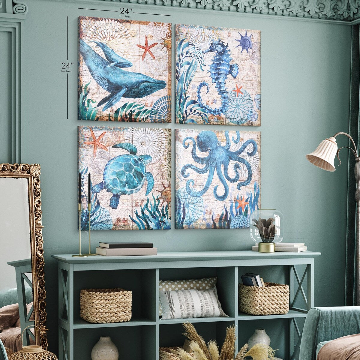 Monterey Bay Nautical Ocean Vintage Canvas Wall Art Print, 4 Piece Set