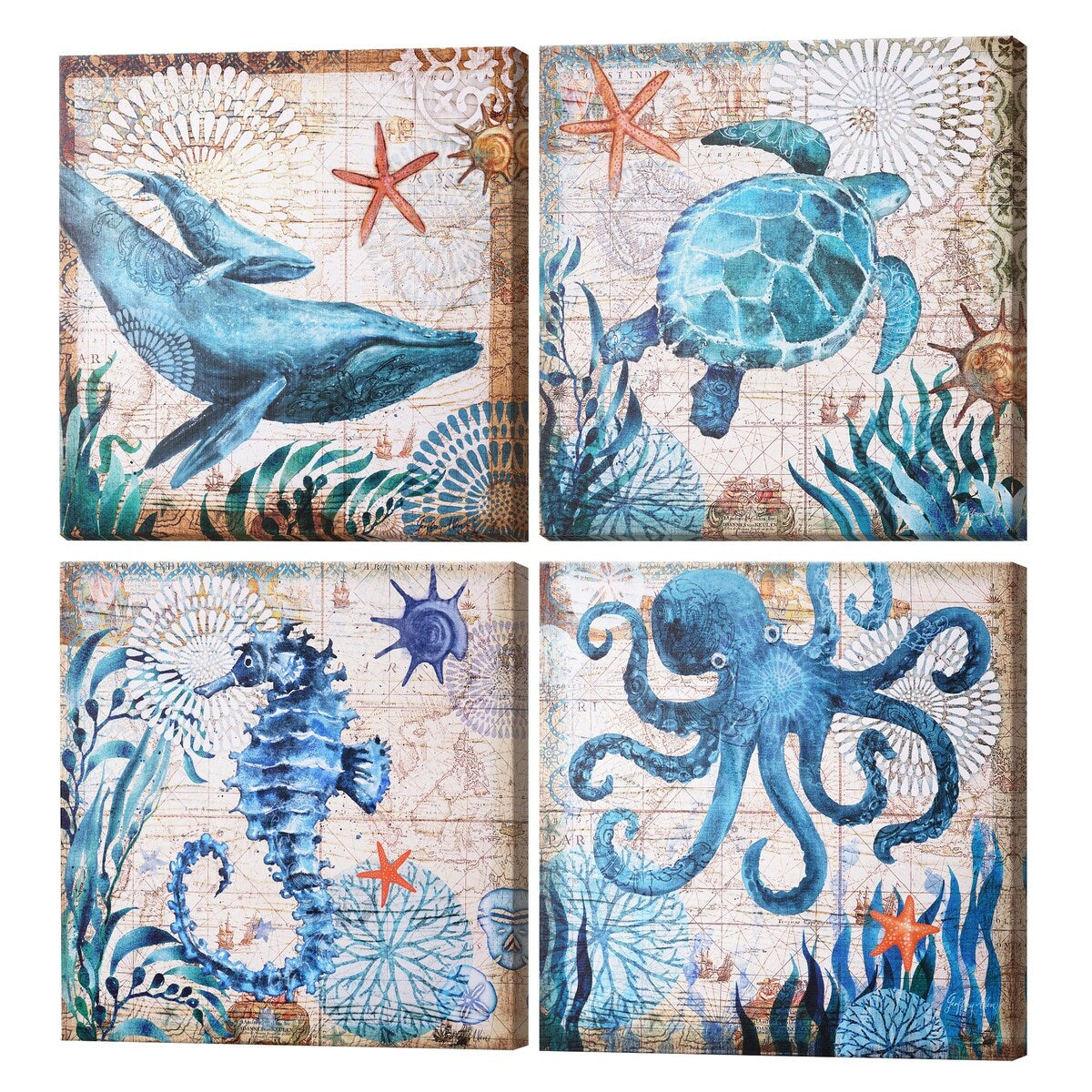 Monterey Bay Nautical Ocean Vintage Canvas Wall Art Print, 4 Piece Set