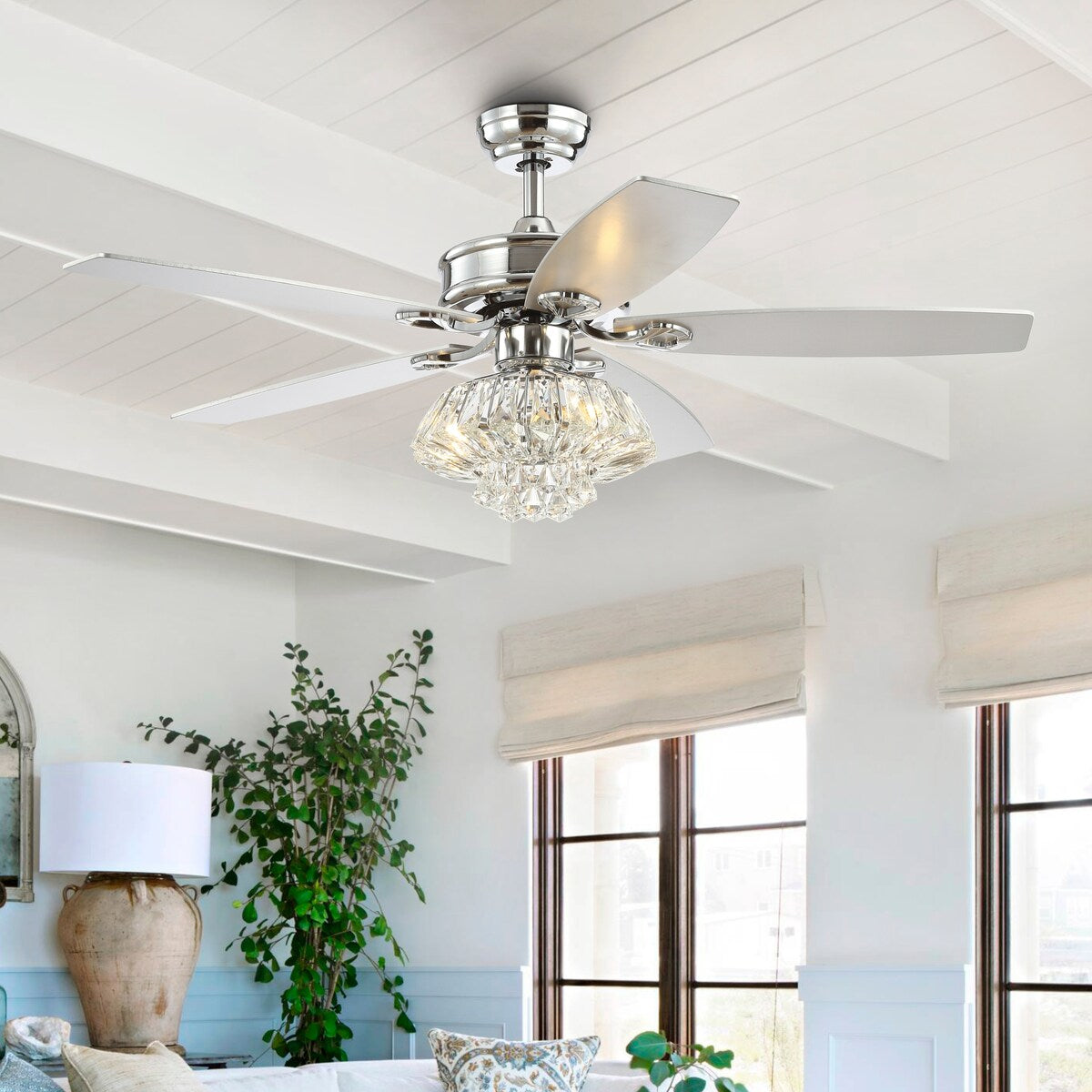 Moravia 48" 3-Light Glam Crystal Drum LED Ceiling Fan With Remote, Chrome by JONATHAN Y