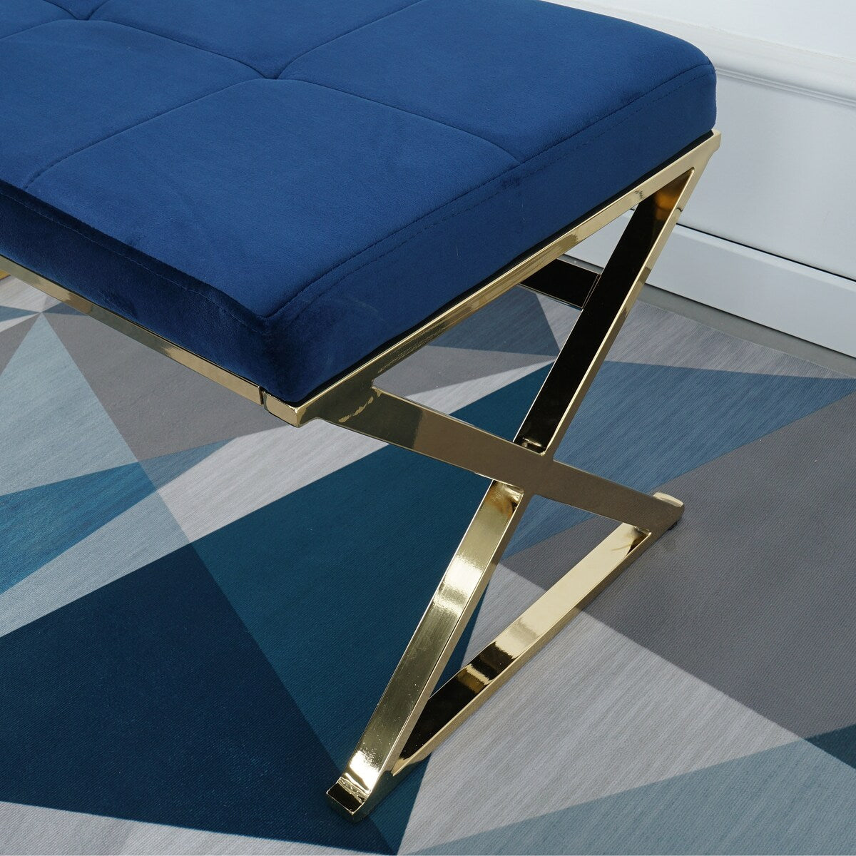 Morden Blue bench with metal X legs and Velvet Fabric for Entryway Living Room