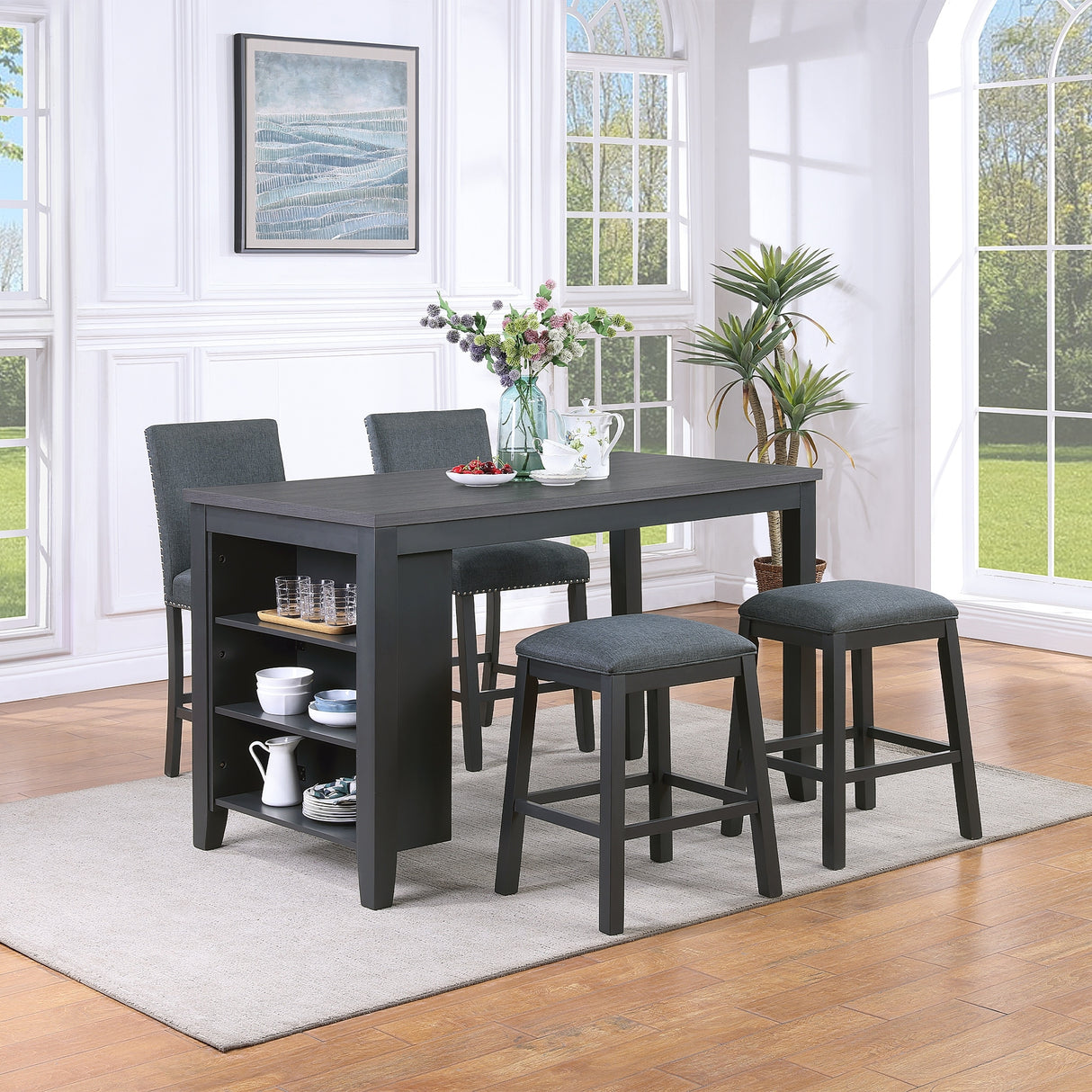 Morden Fort Farmhouse Rustic Dining Table with Storage Shelves, Rubberwood, Counter Height