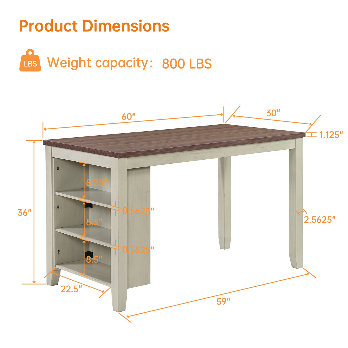 Morden Fort Farmhouse Rustic Dining Table with Storage Shelves, Rubberwood, Counter Height