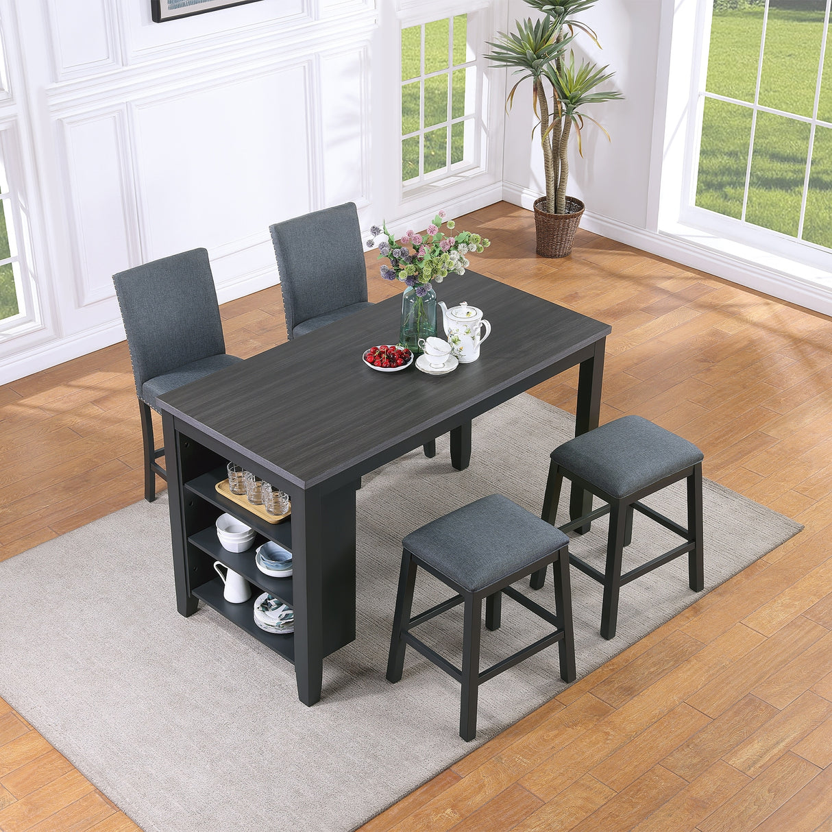 Morden Fort Farmhouse Rustic Dining Table with Storage Shelves, Rubberwood, Counter Height