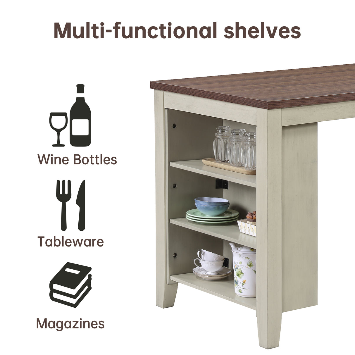 Morden Fort Farmhouse Rustic Dining Table with Storage Shelves, Rubberwood, Counter Height