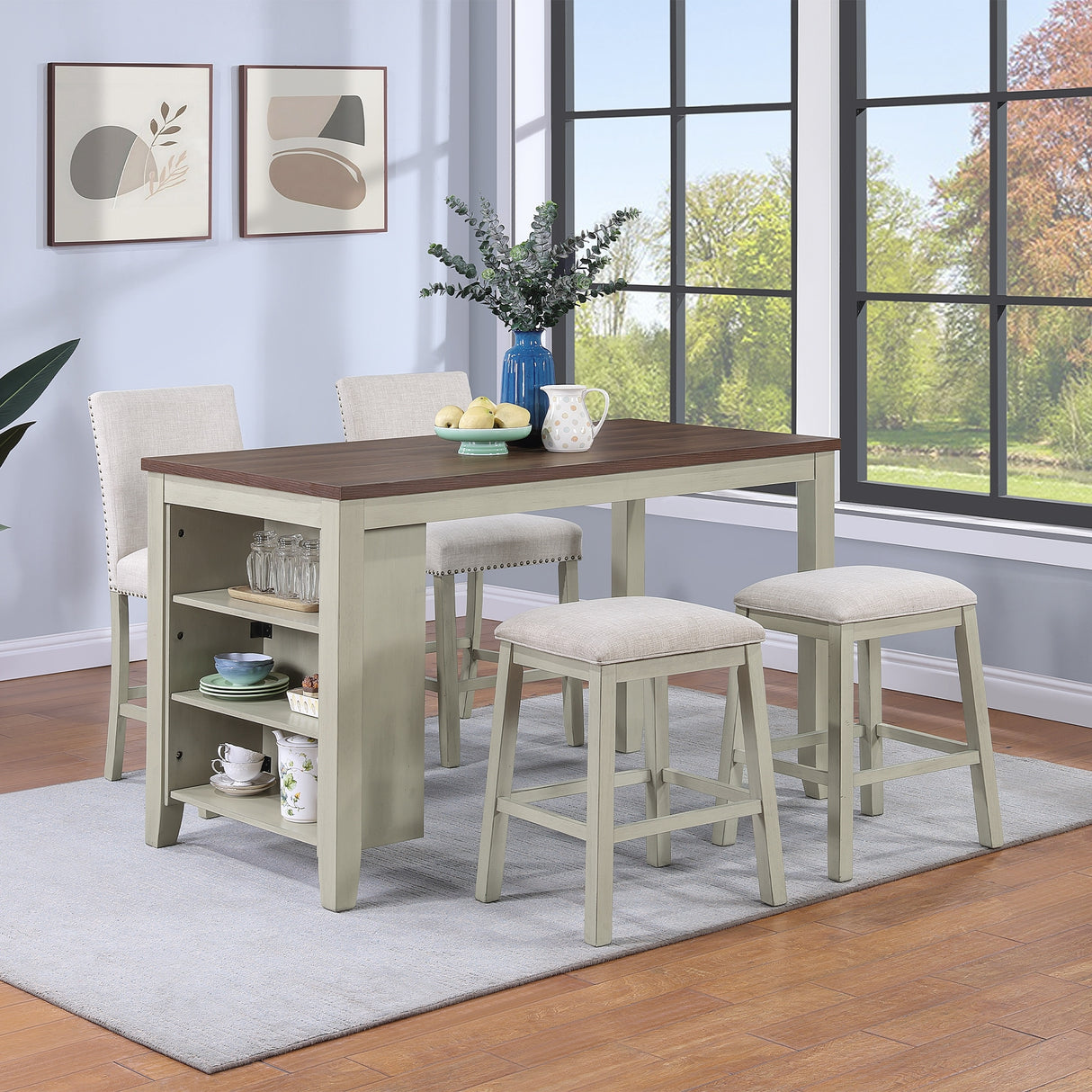 Morden Fort Farmhouse Rustic Dining Table with Storage Shelves, Rubberwood, Counter Height