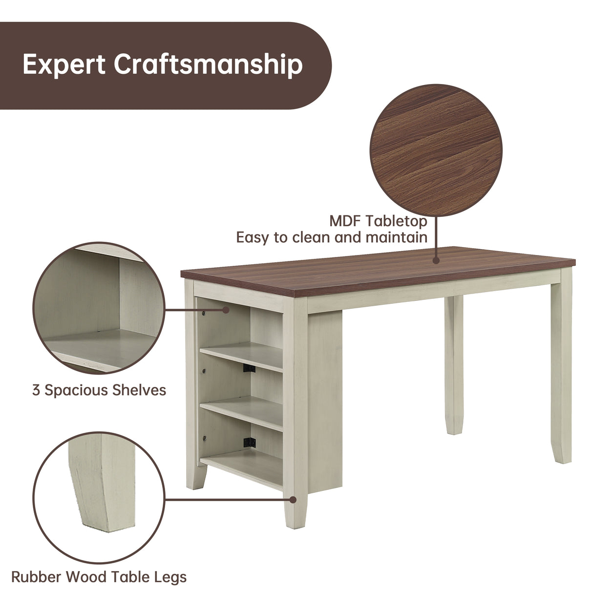 Morden Fort Farmhouse Rustic Dining Table with Storage Shelves, Rubberwood, Counter Height