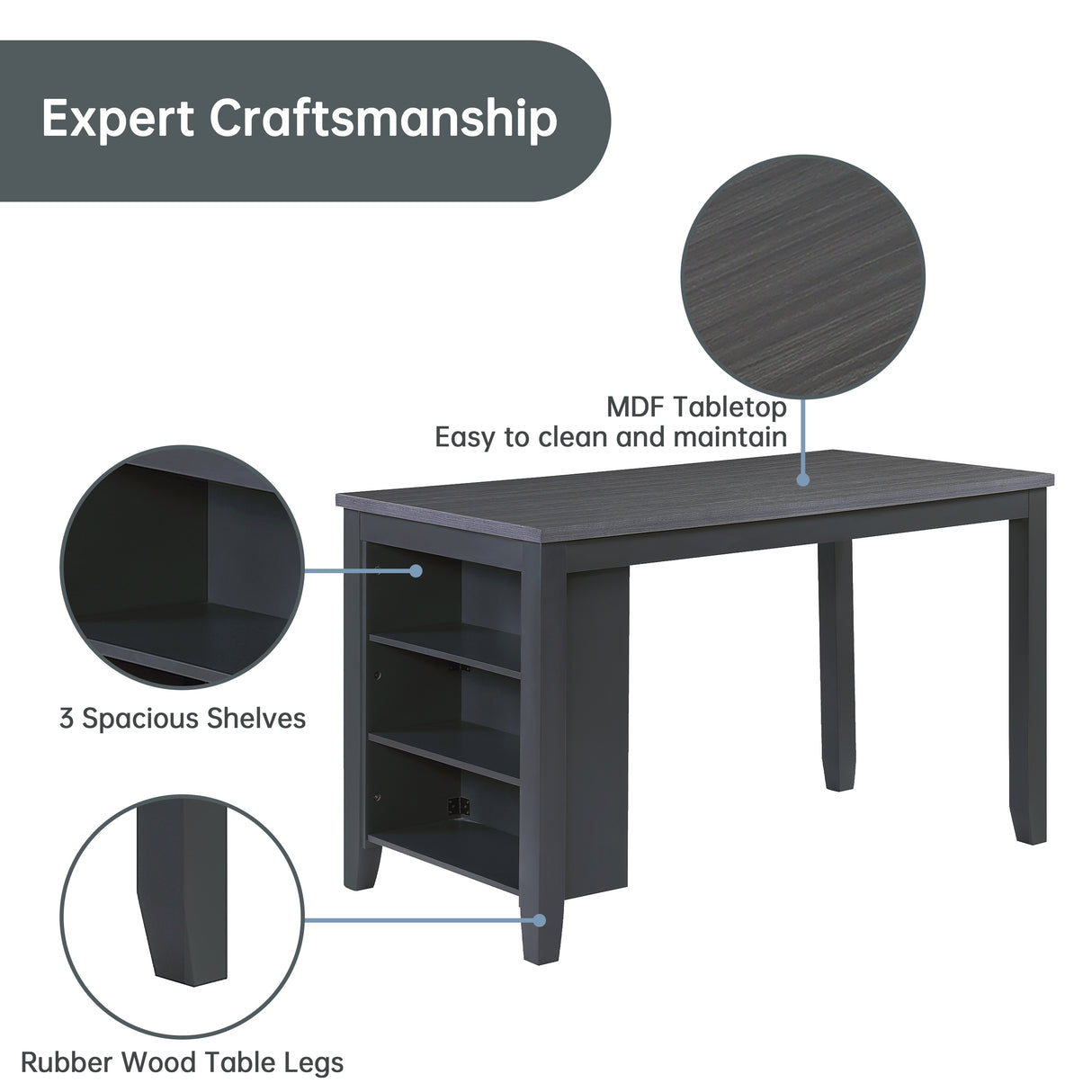 Morden Fort Farmhouse Rustic Dining Table with Storage Shelves, Rubberwood, Counter Height