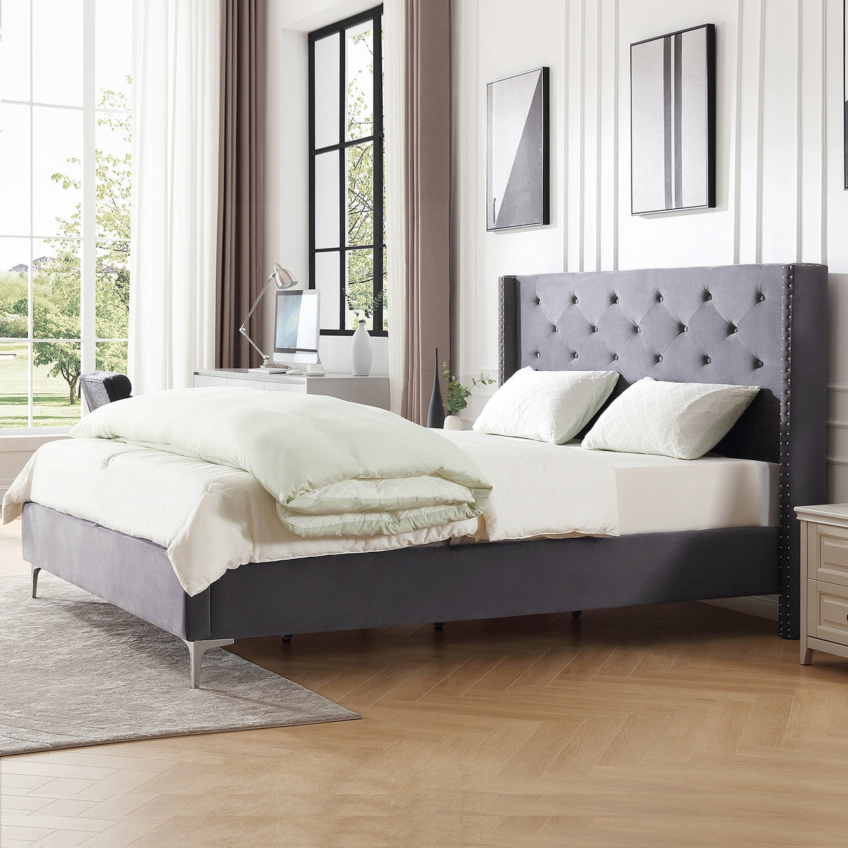 Morden Fort Queen Size Velvet Upholstered Platform Bed Frame with 6 inches Metal Legs