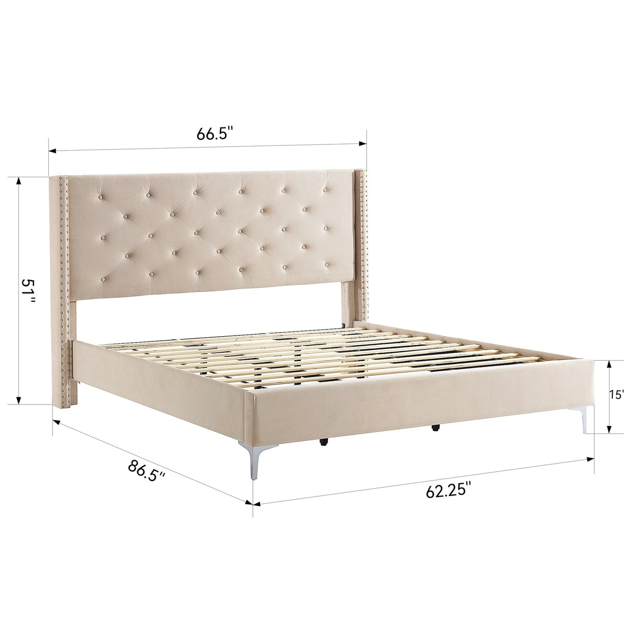Morden Fort Queen Size Velvet Upholstered Platform Bed Frame with 6 inches Metal Legs