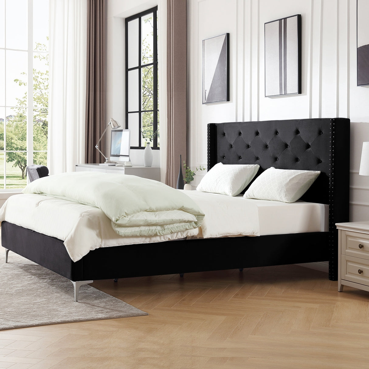 Morden Fort Queen Size Velvet Upholstered Platform Bed Frame with 6 inches Metal Legs