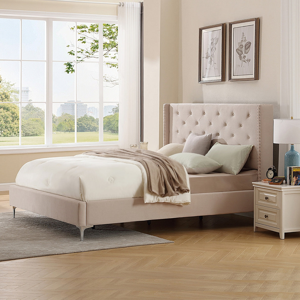 Morden Fort Queen Size Velvet Upholstered Platform Bed Frame with 6 inches Metal Legs