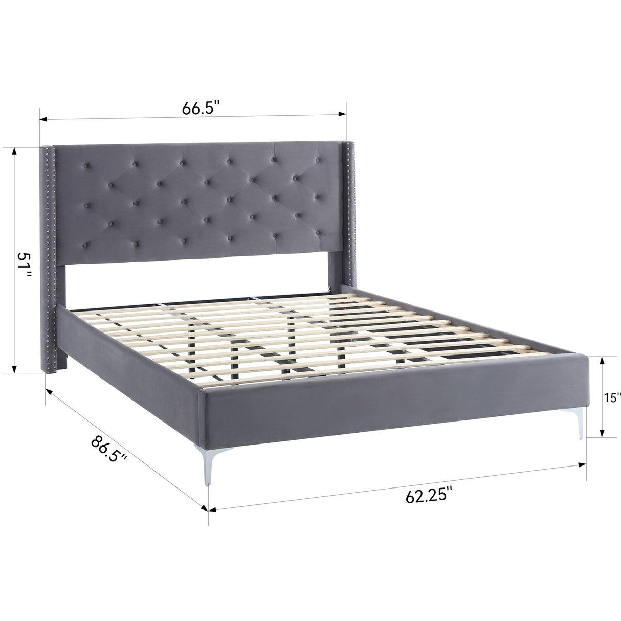 Morden Fort Queen Size Velvet Upholstered Platform Bed Frame with 6 inches Metal Legs