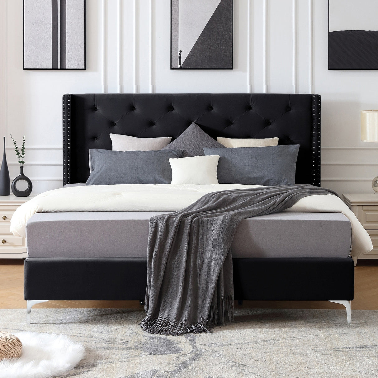Morden Fort Queen Size Velvet Upholstered Platform Bed Frame with 6 inches Metal Legs