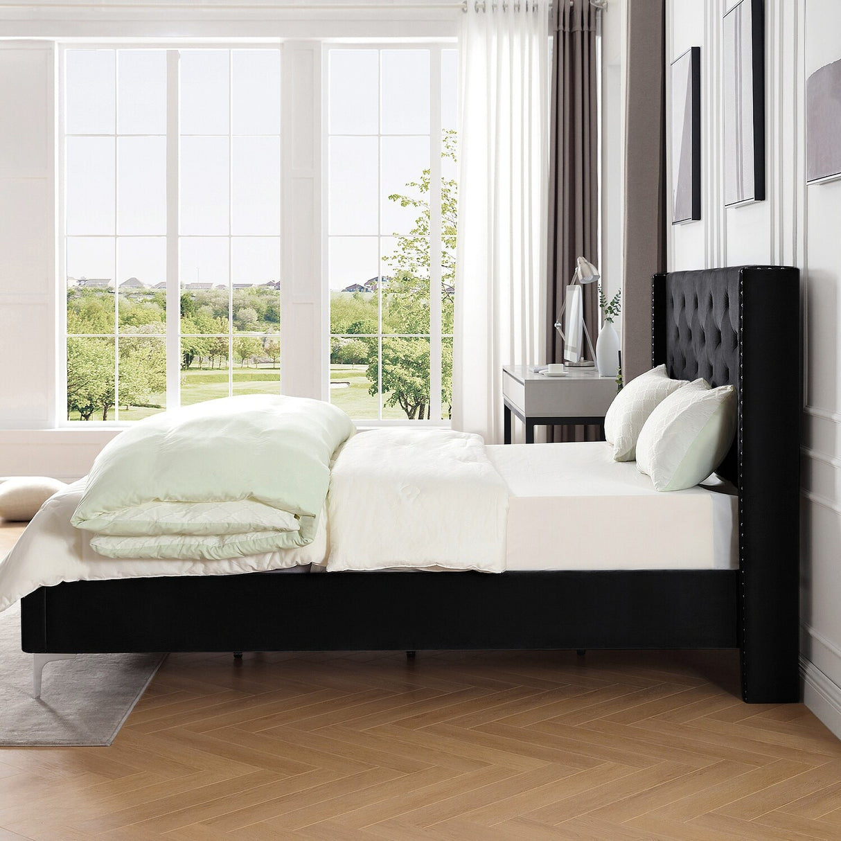 Morden Fort Queen Size Velvet Upholstered Platform Bed Frame with 6 inches Metal Legs