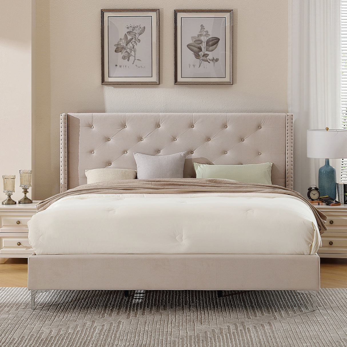 Morden Fort Queen Size Velvet Upholstered Platform Bed Frame with 6 inches Metal Legs