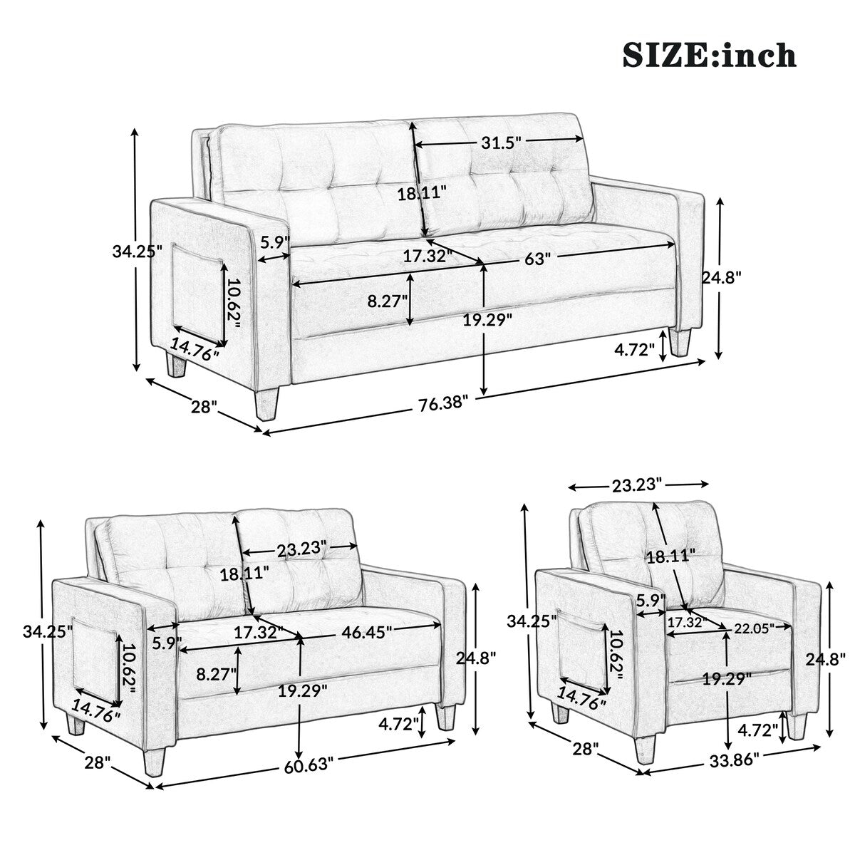 Morden Style Couch Furniture Upholstered for Home or Office