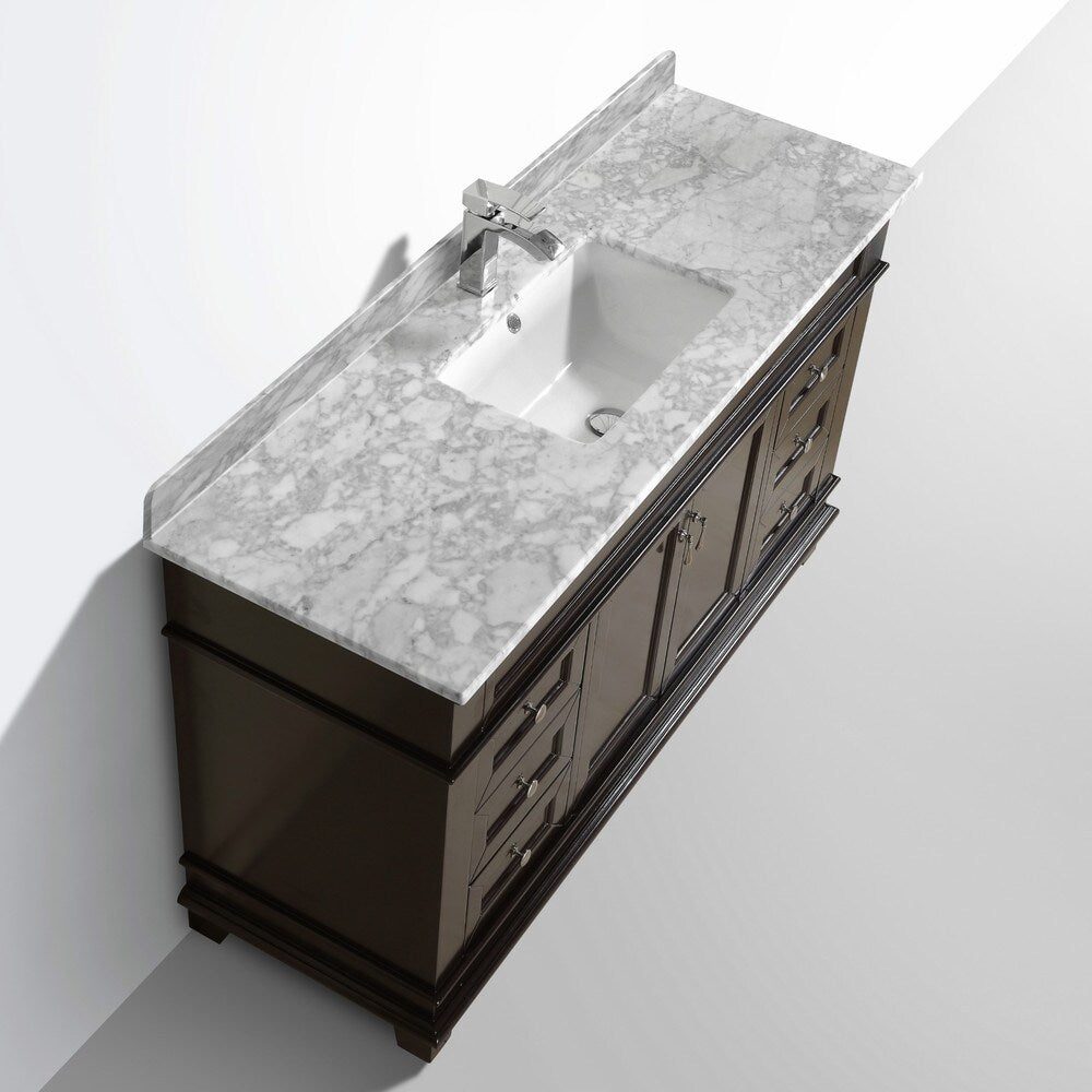 Moreno Bath Fayer 60 Inch Free Standing Single Sink Espresso Bathroom Vanity With Carrara Marble Top