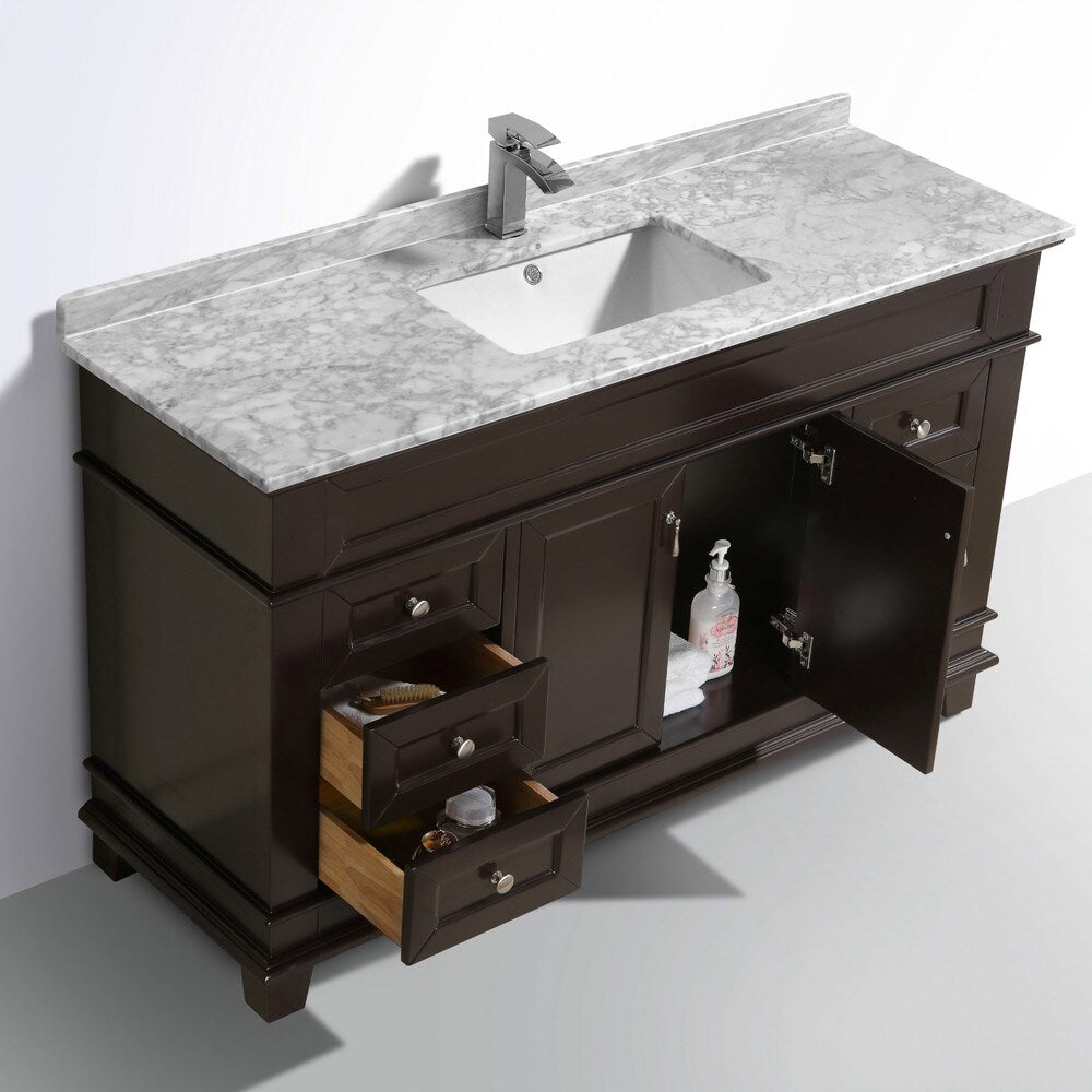 Moreno Bath Fayer 60 Inch Free Standing Single Sink Espresso Bathroom Vanity With Carrara Marble Top