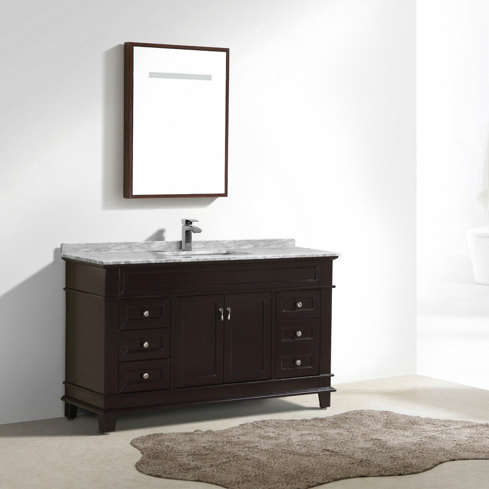 Moreno Bath Fayer 60 Inch Free Standing Single Sink Espresso Bathroom Vanity With Carrara Marble Top