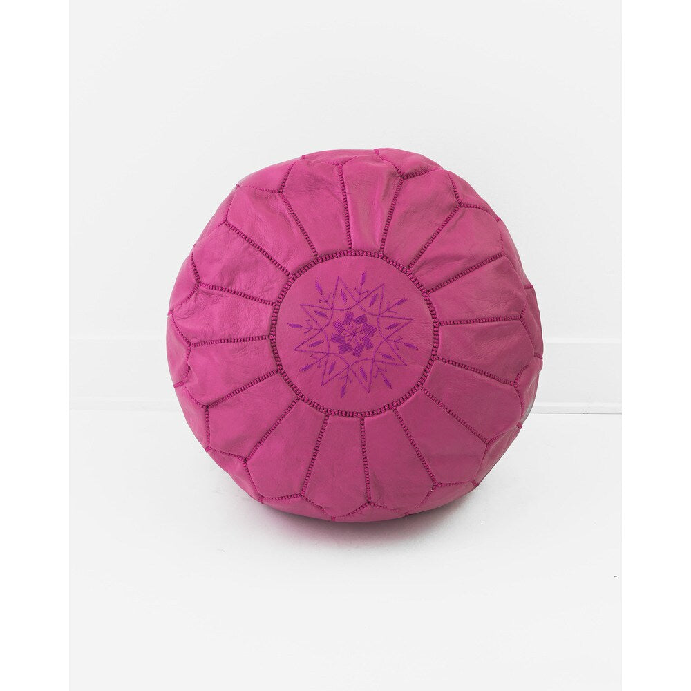 Moroccan Leather Pouf Unstuffed Ottoman, Fuchsia Pink (Morocco)