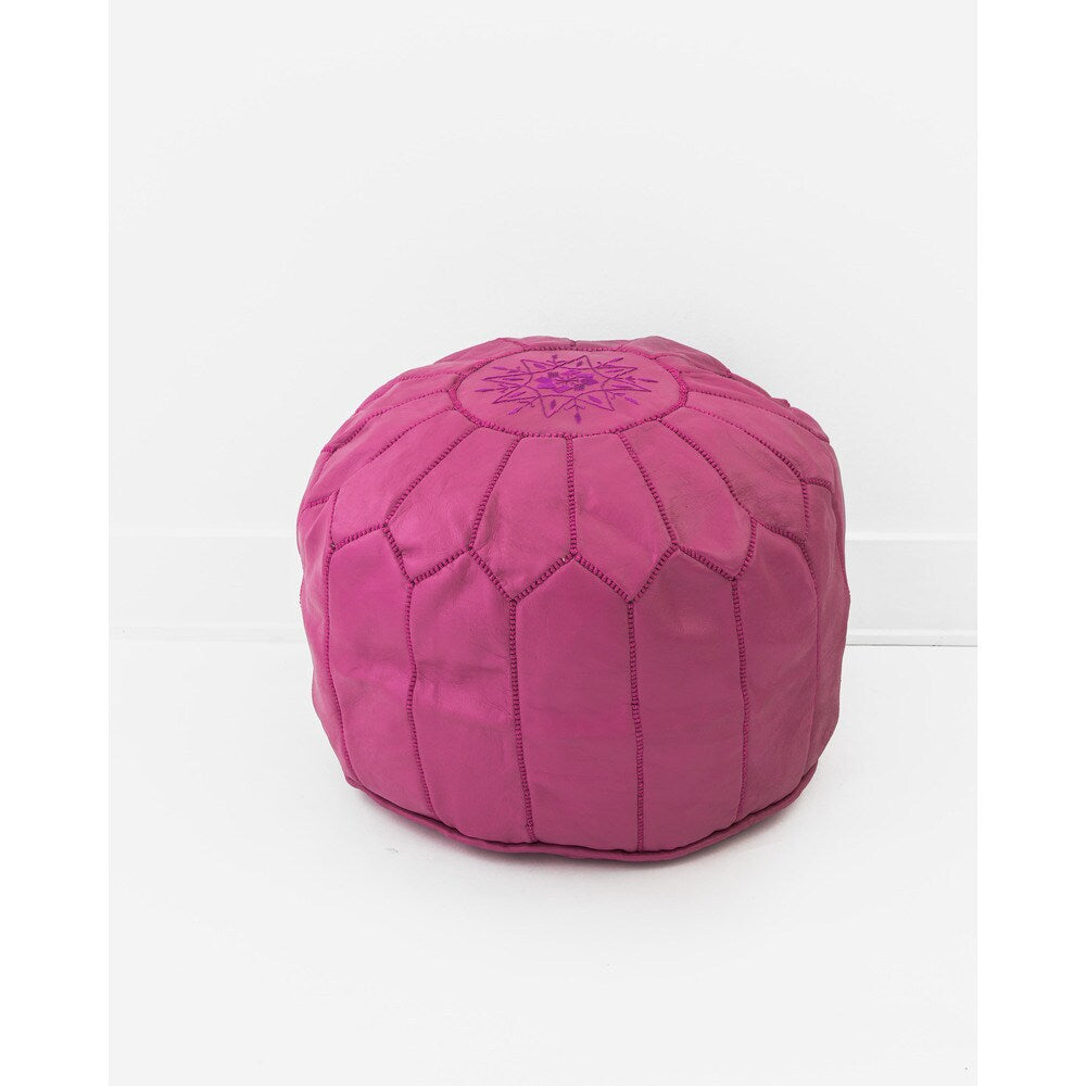 Moroccan Leather Pouf Unstuffed Ottoman, Fuchsia Pink (Morocco)