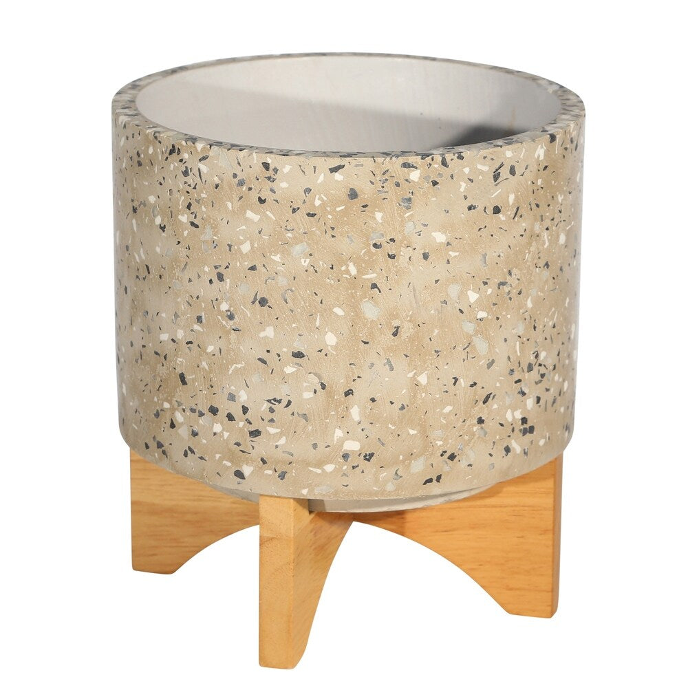Mosaic Round Cement Planter on Wooden Stand, Medium, Beige and Brown